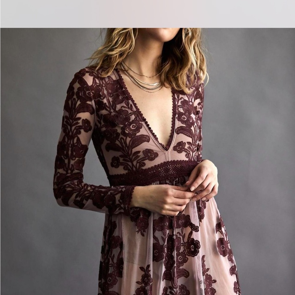 For Love And Lemons/ Anthropology Burgundy Lace Long Sleeve Dress
